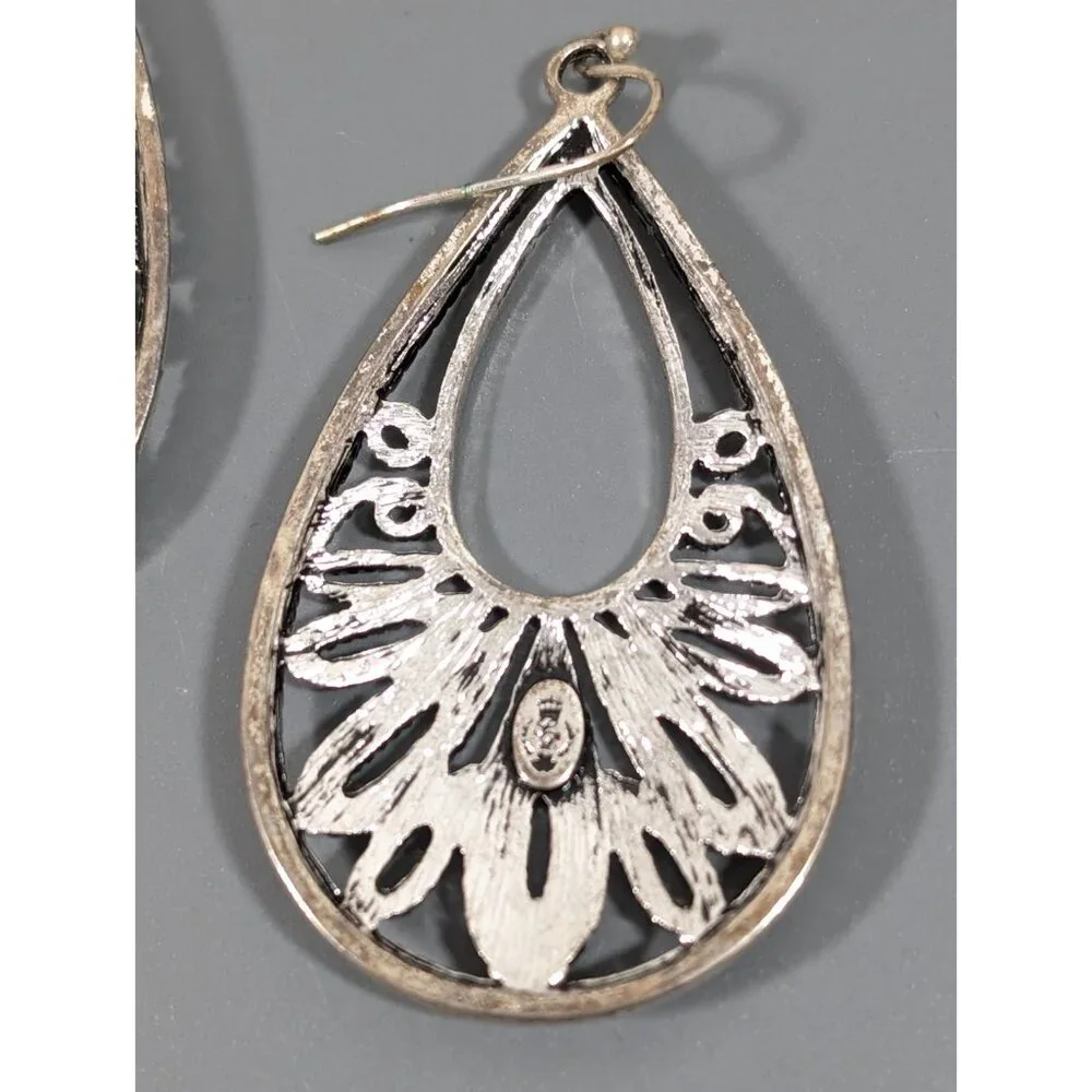 Premier Designs Boho Filigree Teardrop‎ Earrings Silver Tone Etched Cutout Drop